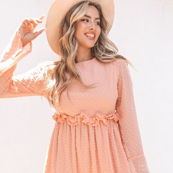 Peach Swiss Dot Bell Sleeve Mini Dress - Picture 2 of 10